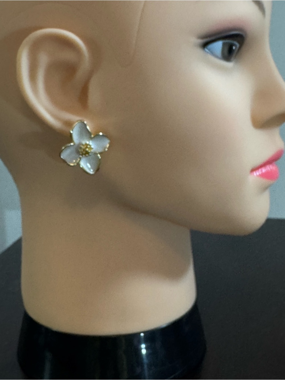 White Enamel Flower Stud Earrings with Gold Accents